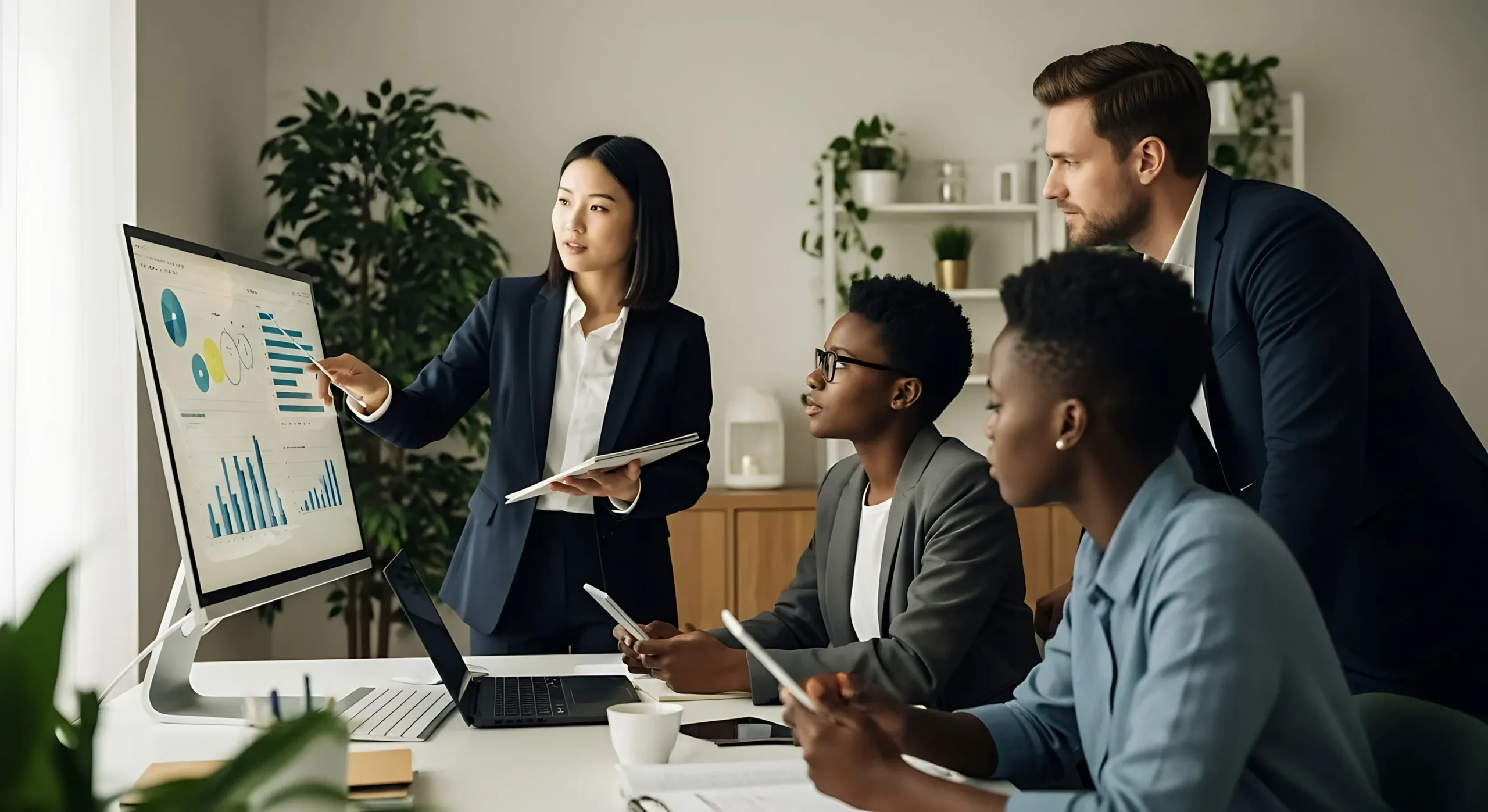 A diverse group of business professionals engaged in a meeting with a woman presenting data on a screen